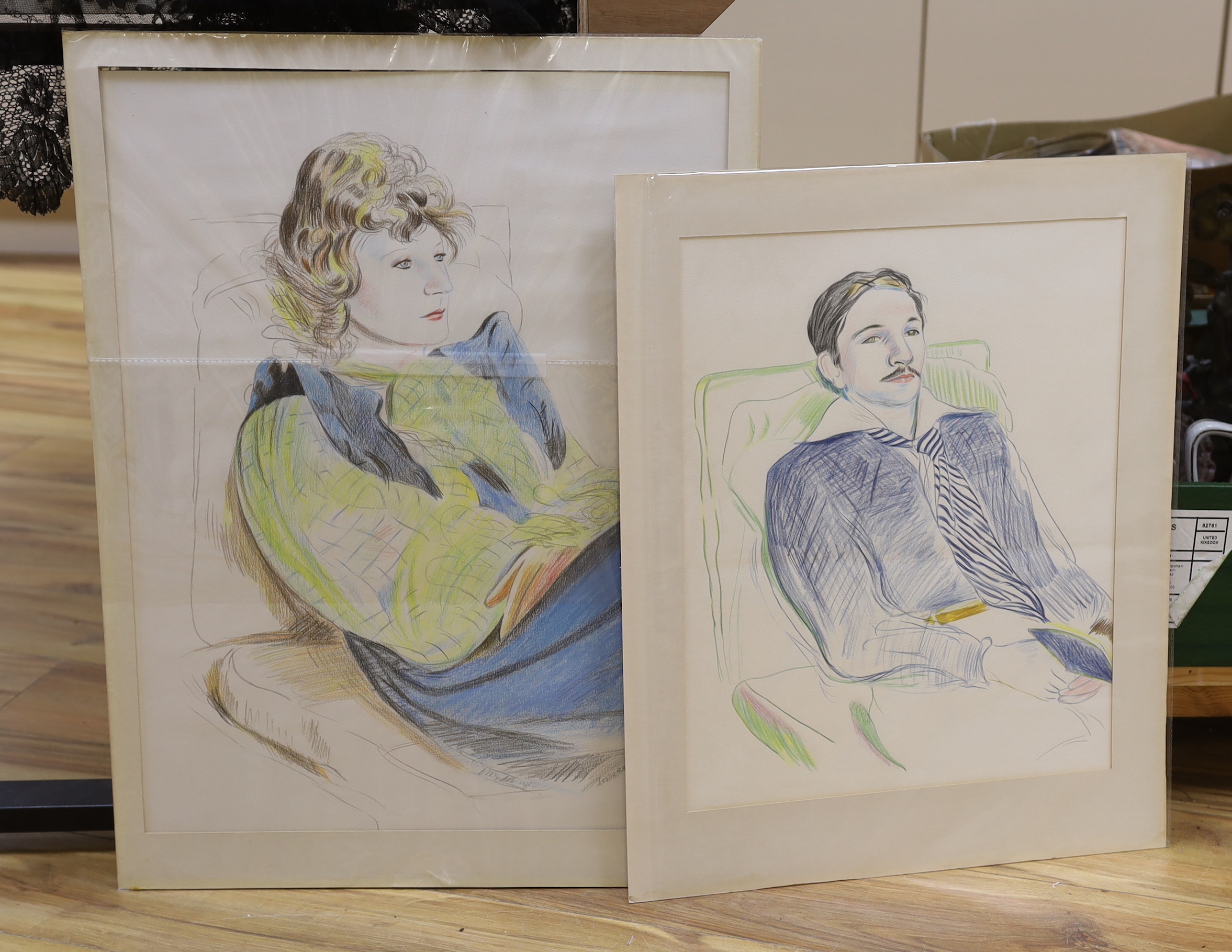 In the manner of David Hockney (b.1937), two crayon sketches, Portraits of a lady and gentleman, one inscribed Leslie Reed, mounted and unframed, largest 63 x 47cm